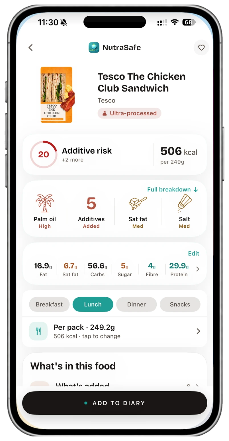 NutraSafe food detail screen showing a product’s nutrition and ingredients