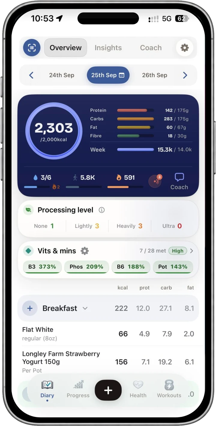 NutraSafe diary showing calories, macros, water, activity, processing and vitamins for the day